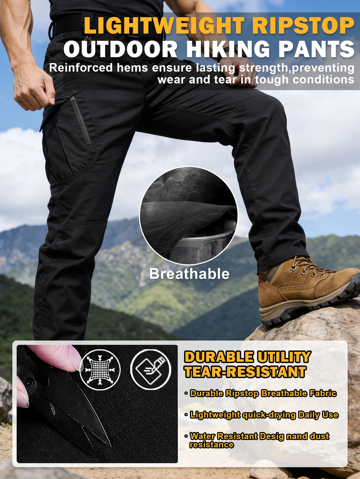 Mens Lightweight Ripstop Cargo Pants Water Resistant Outdoor Trousers