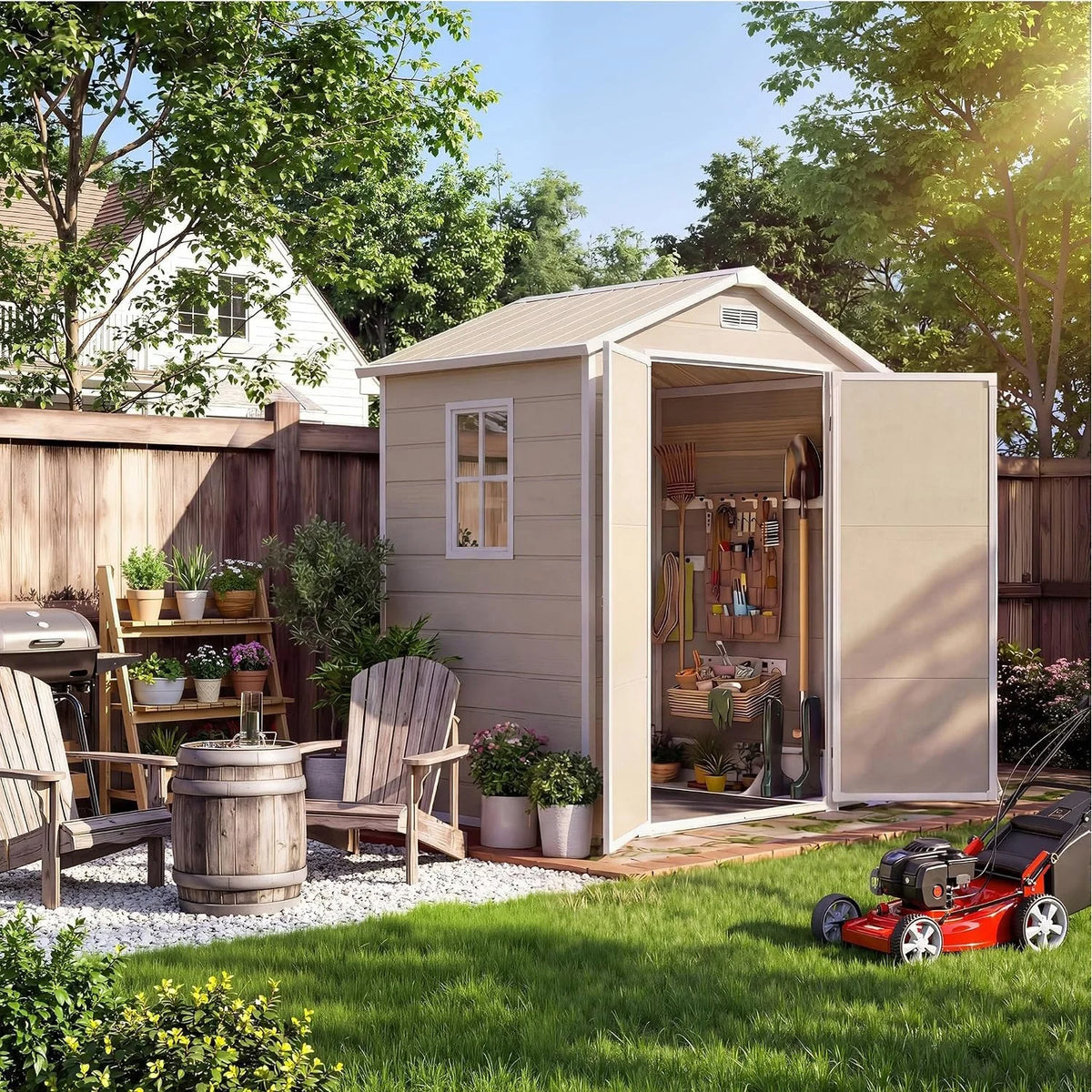 6x4 FT Plastic Resin Outdoor Storage Shed with Reinforced Floor Lockable Door Window Ventilation Weather Resistant Double Wall Garden Tool Lawn Mower Bike Storage for Patio Backyard