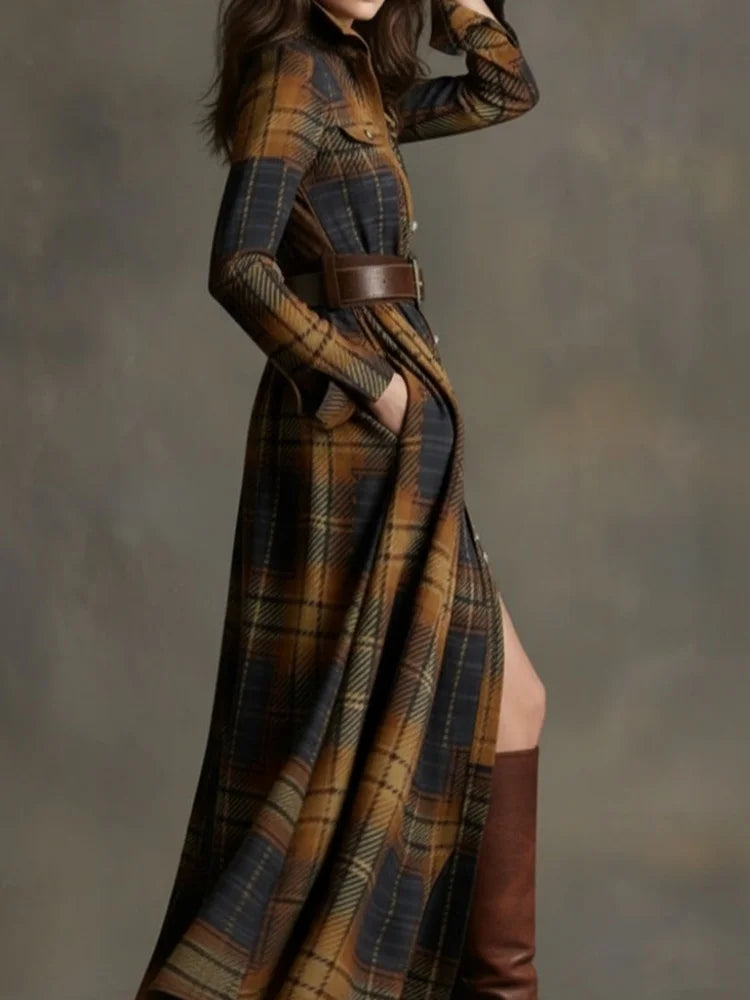 Plaid Maxi Shirt Dress With Collar Pockets And Self Tie