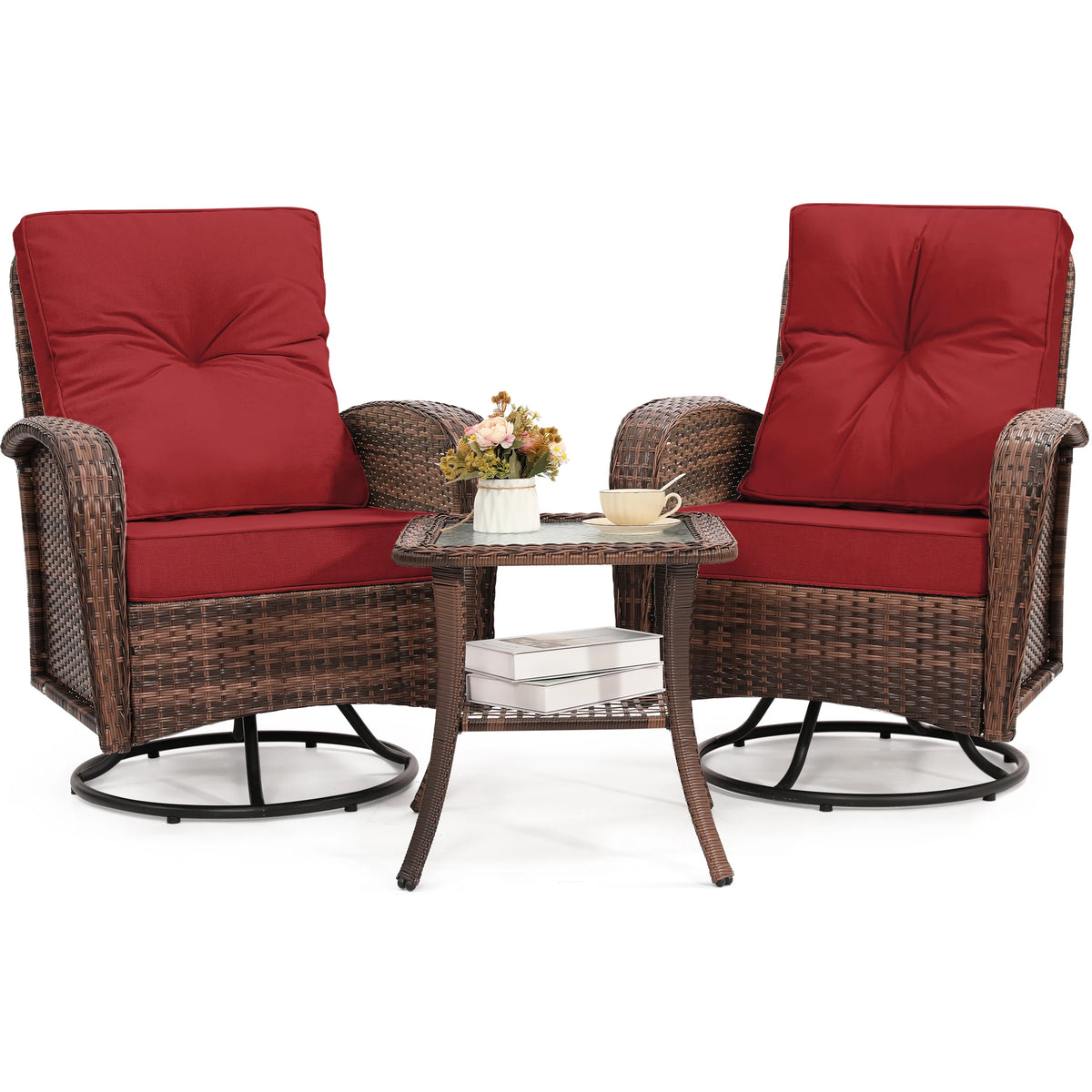TUAREX Swivel Wicker Chair With Side Table Outdoor Patio Furniture Set Washable Thick Cushion For Balcony Deck Garden