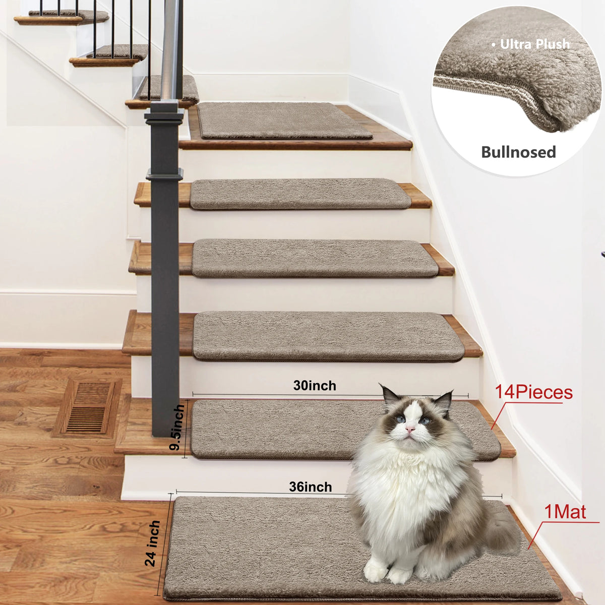Bullnose Non-Slip Stair Treads -Ultra Plush- Washable Self-Adhesive Carpet Mats, Safety for Elderly & Pets, Peel & Stick Decor