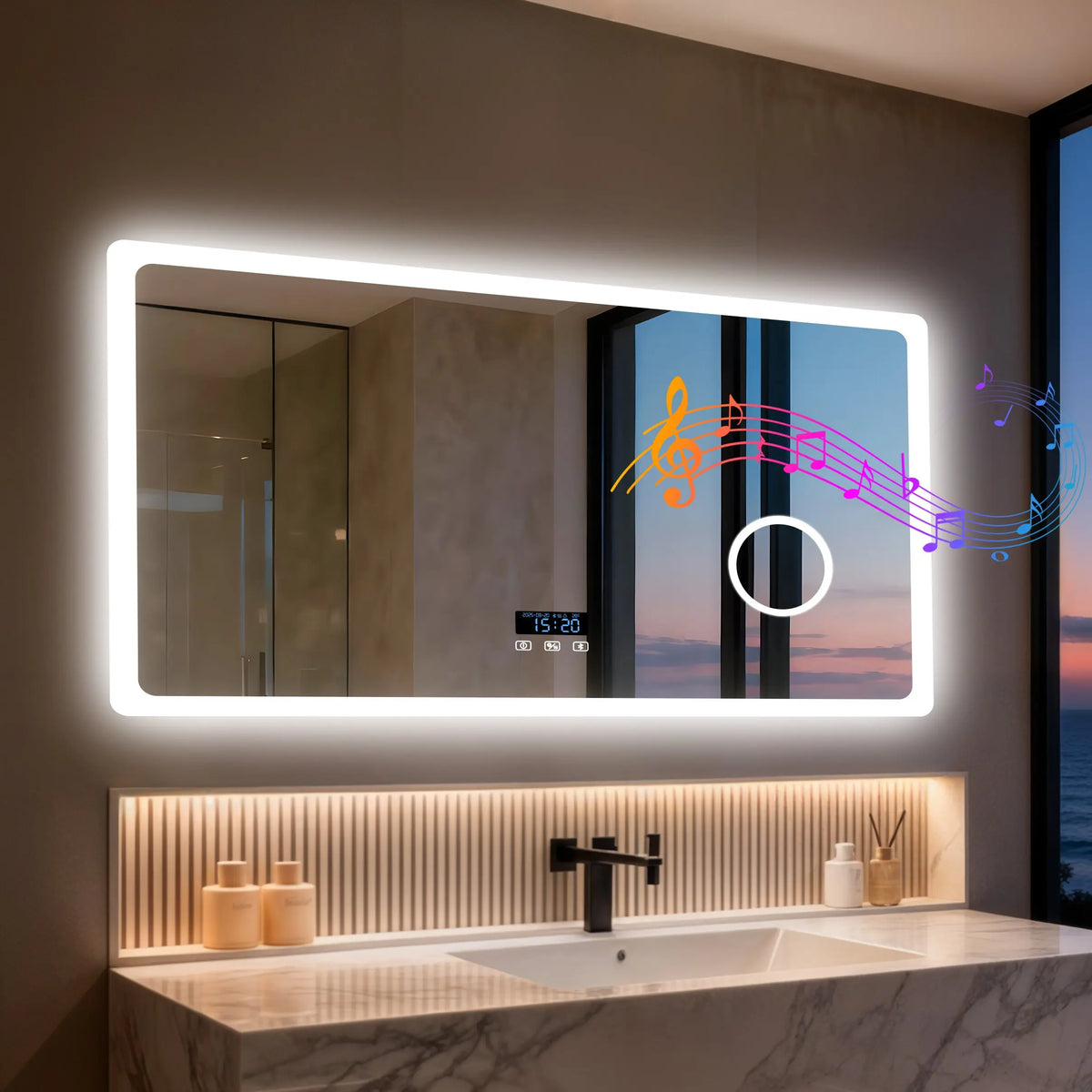 LED Bluetooth Bathroom Mirror 3x Magnifying Vanity Mirror w Anti-fog, 3 Color Memory Light, Rectangular 1200mm, 1000mm, 800mm
