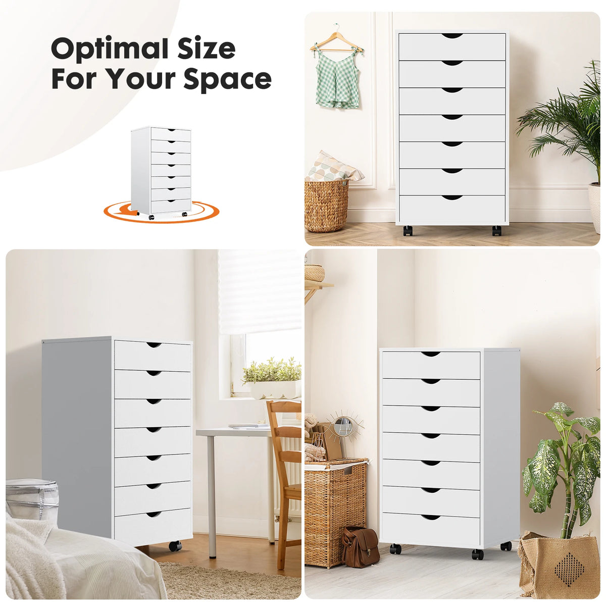 JHK Seven Drawer Wooden Nightstand Storage Cabinet With Rolling Wheels