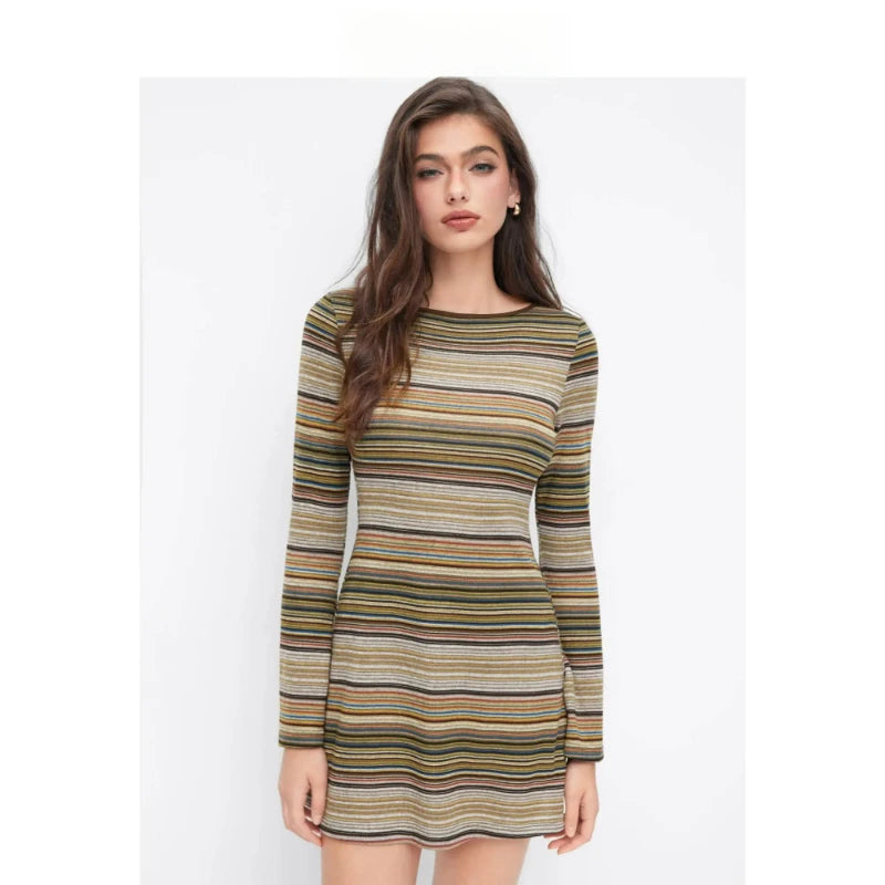 Womens Striped V Neck Bell Sleeve Knit Mini Dress Fashion