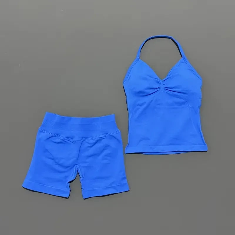 Seamless Backless Halter Yoga Tank Top And Shorts Set