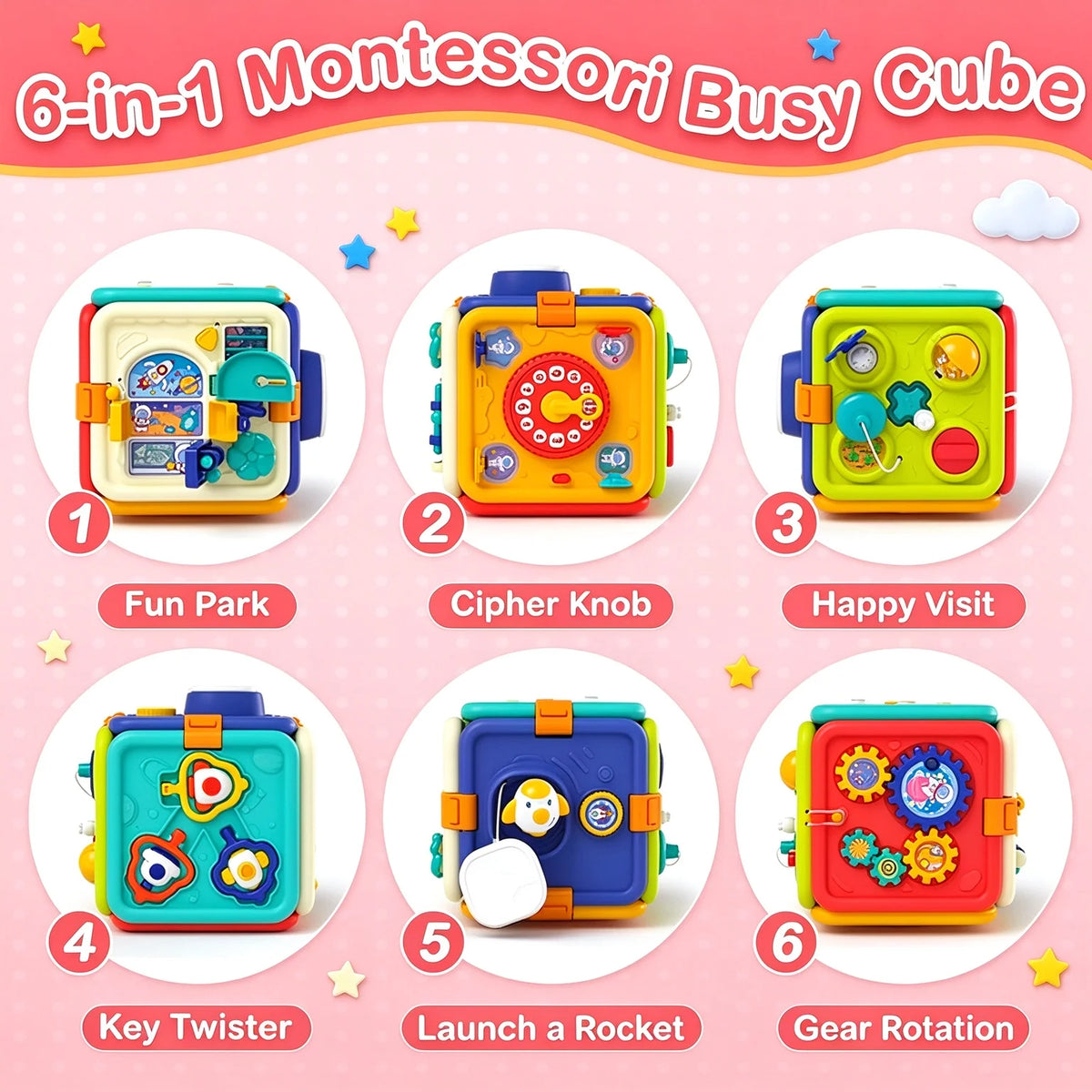 Montessori Six In One Sensory Busy Cube Fine Motor Toy