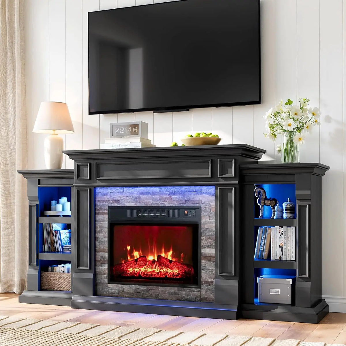 72" Electric Fireplace with Mantel, LED Light Fireplace TV Stand Entertainment Center for TVs up to 80",3D Realistic, Customized