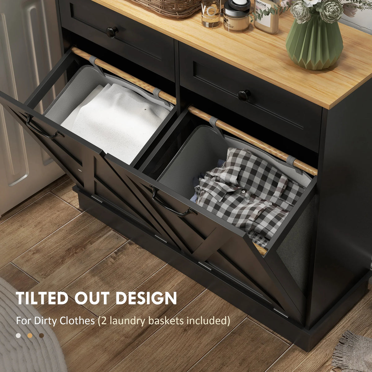 HOMCOM Double Tilt Out Laundry Hamper Cabinet with 2 Removable Baskets and 2 Drawers, Bathroom Storage Cabinet or Trash Can Cabinet for Laundry Room, Living Room, Black