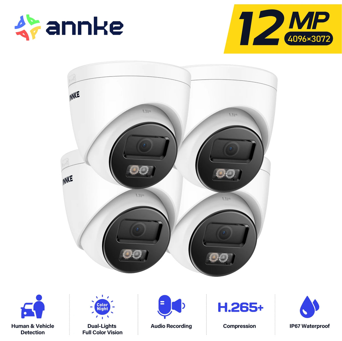 ANNKE C1200 12MP PoE Security Camera H.265+ 2.8MM 134° Wide angle outdoor camera IP67 Audio Color Night Vision cameras for home security