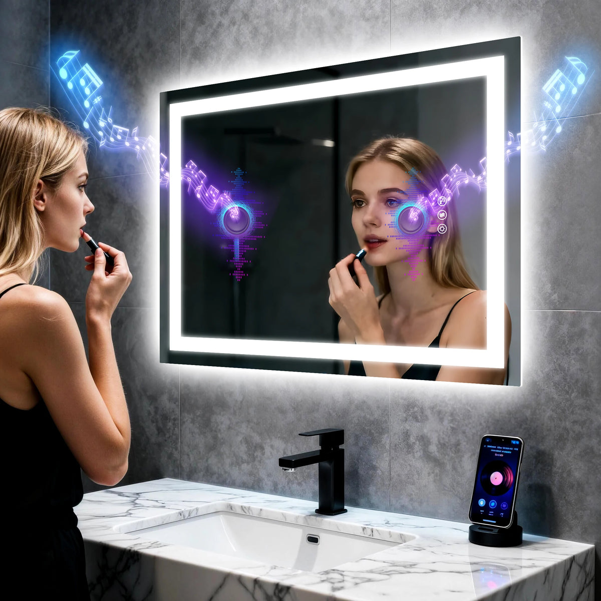 Smart LED Bathroom Mirror 500x700mm/600x800mm Rectangle Vanity Mirror with Dual NdFeB Speaker, Anti-Fog, Tempered Glass
