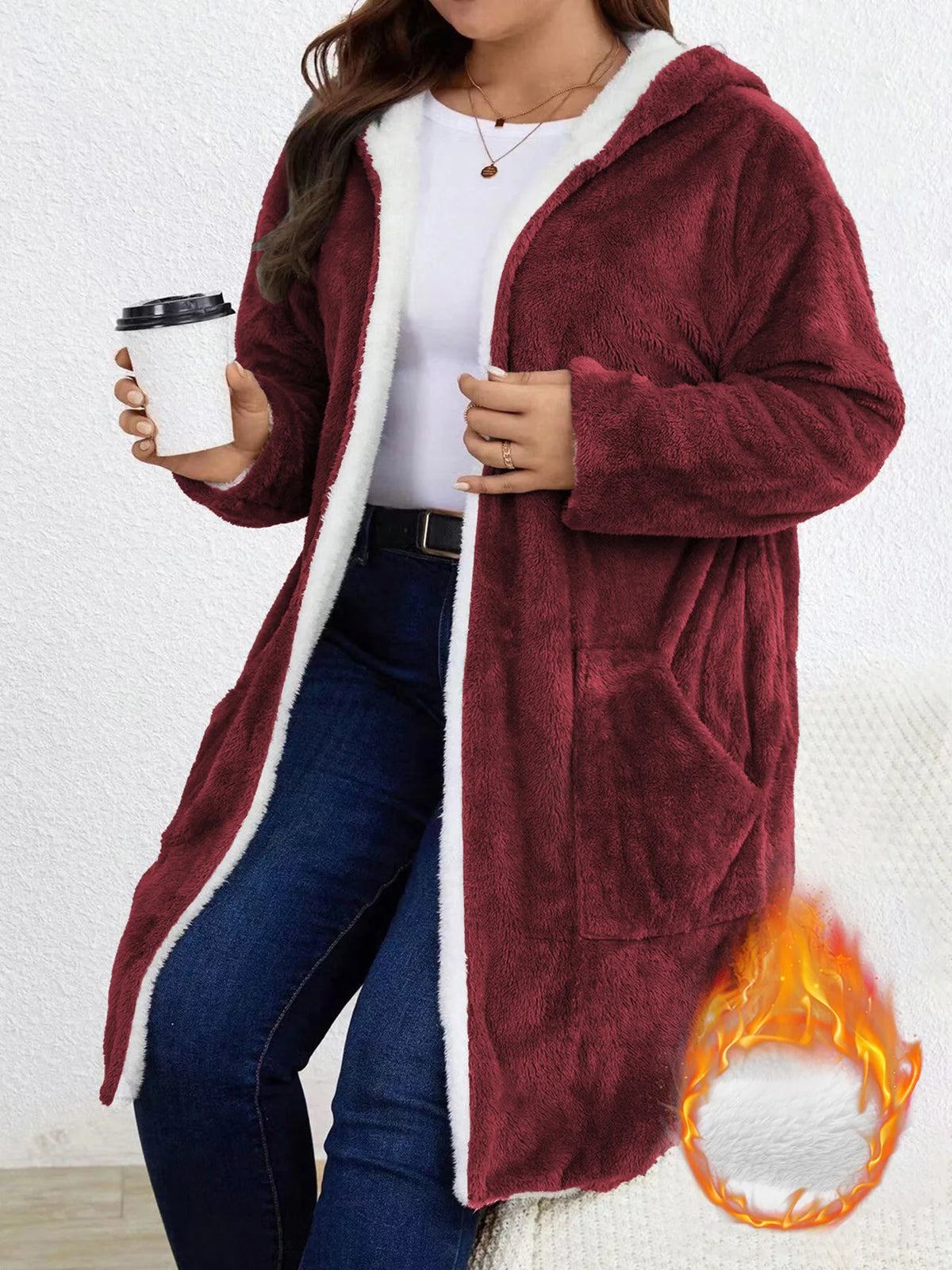Womens Fuzzy Fleece Lined Hooded Open Cardigan Winter Coat