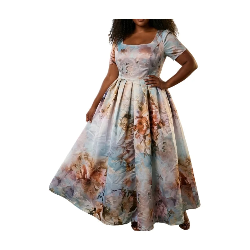 Women's Square Neck Printed Pleated Swing Casual Dress
