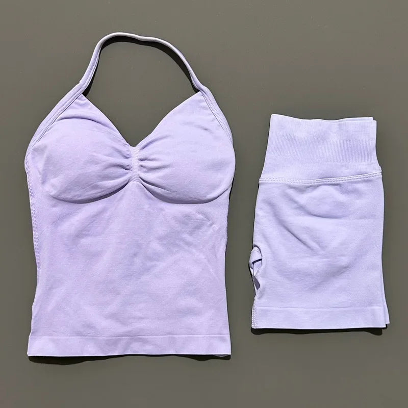 Seamless Backless Halter Yoga Tank Top And Shorts Set