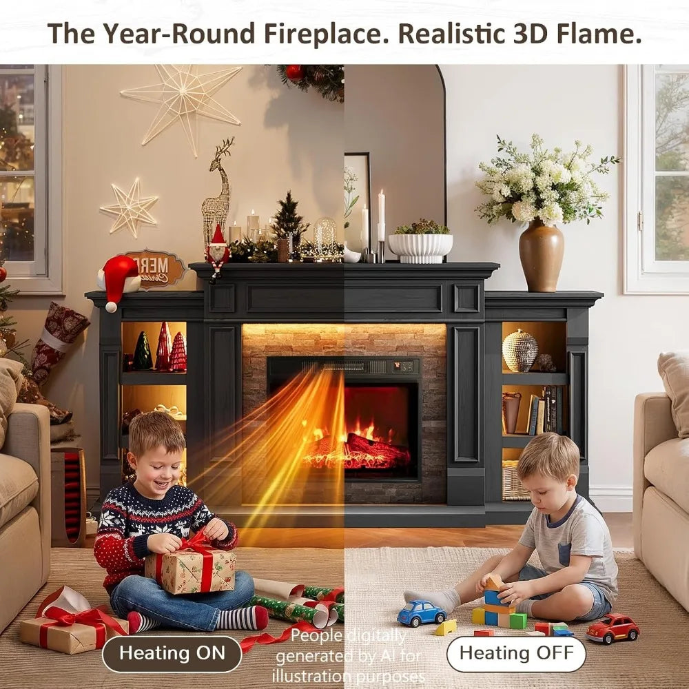 72" Electric Fireplace with Mantel, LED Light Fireplace TV Stand Entertainment Center for TVs up to 80",3D Realistic, Customized