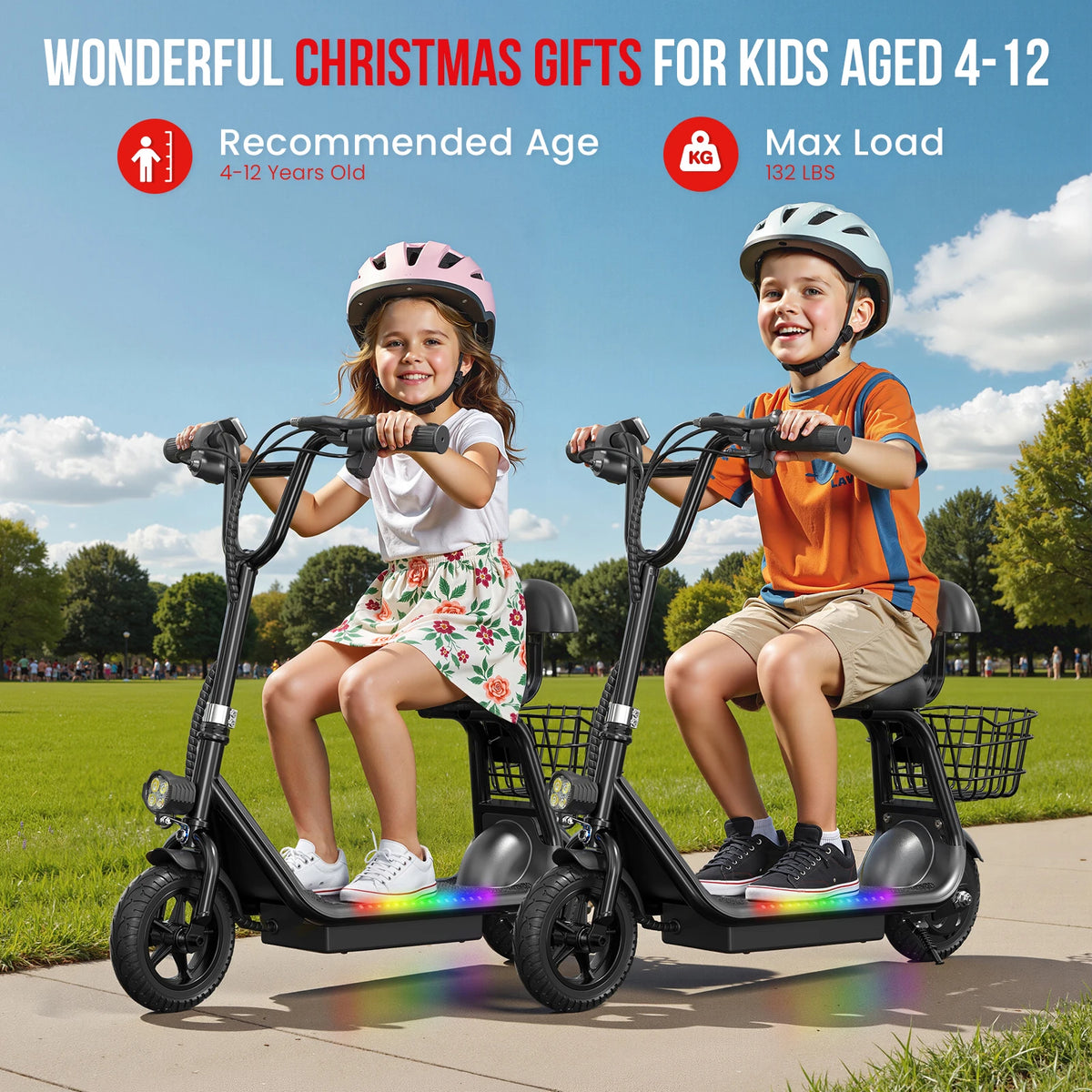 Spacewalk Kids Electric Scooter with Bluetooth Speaker Foldable Design Seat Carry Basket LED Light Strip 11MPH Speed 132lbs Max