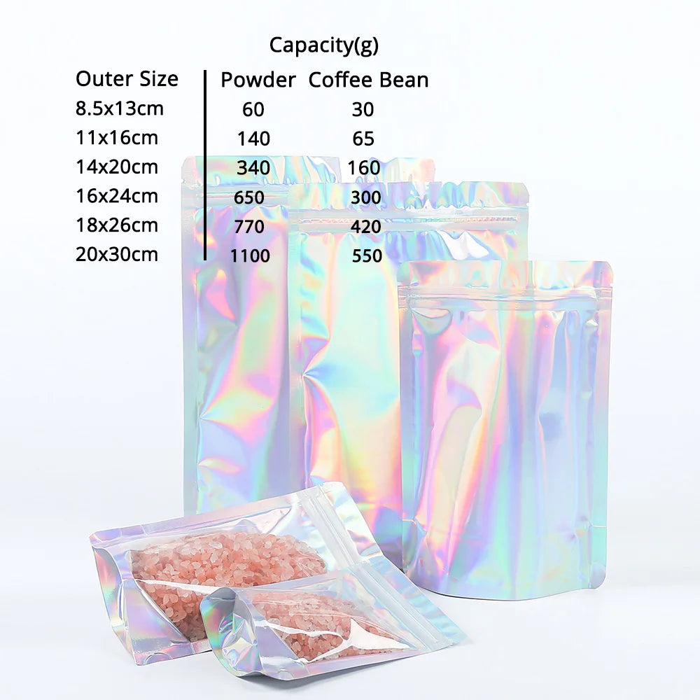 100PCS Smell Proof Plastic Package Ziplock Bags Clear Front Holographic Silver Pouches Recyclable Metallic Mylar Storage Bags