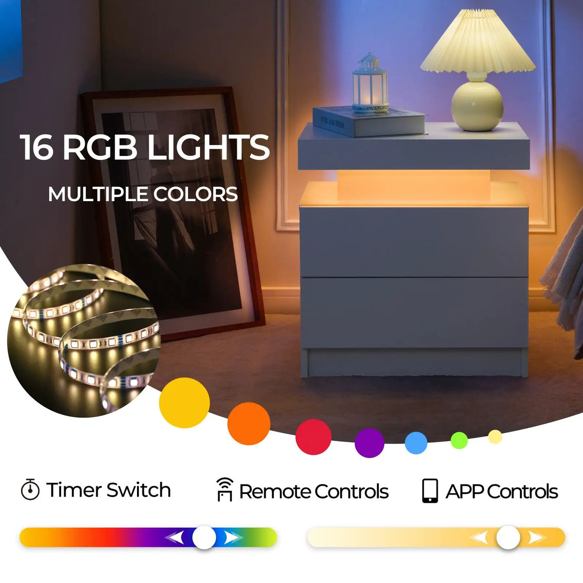 Cubehom Nightstand Set of 2 LED Nightstand with 2 Drawers,Night Stand with LED Light,Bedside Table with Drawers for Bedroom