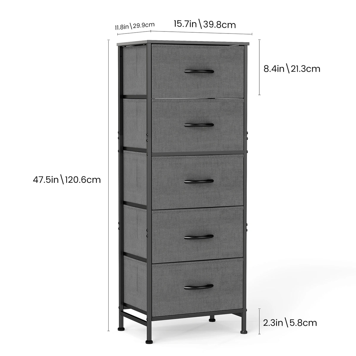 JHK 48IN Dresser For Bedroom With 5 Fabric Drawers Nightstand Wardrobe Steel Frame Closet For Clothes Storage Cabinet Furniture