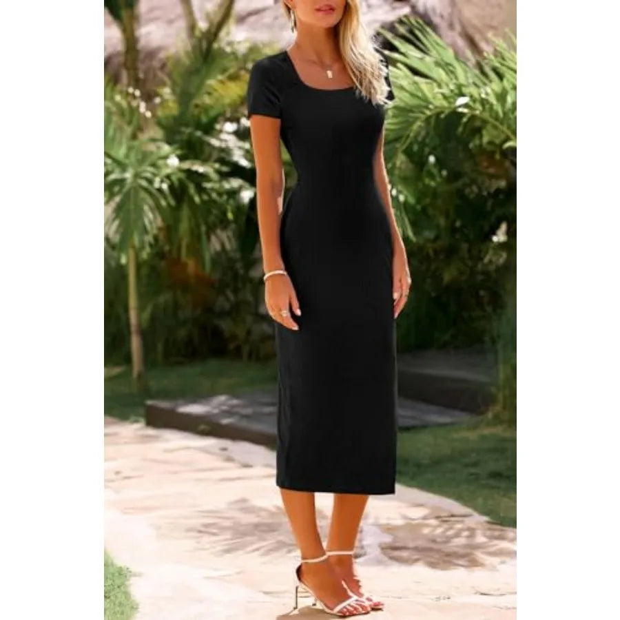 Women's Ribbed Knit Bodycon Dress with Square Neck Side Slit