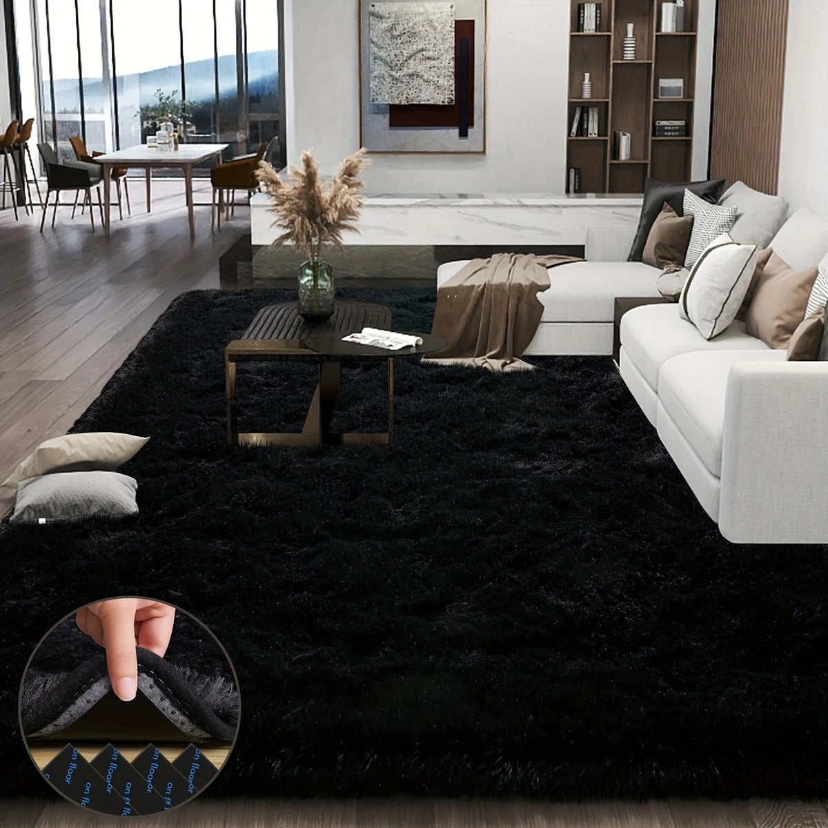 Large plush area rug, decorative rug for living room, super soft and fluffy plush rug for bedroom, home decor rug, black