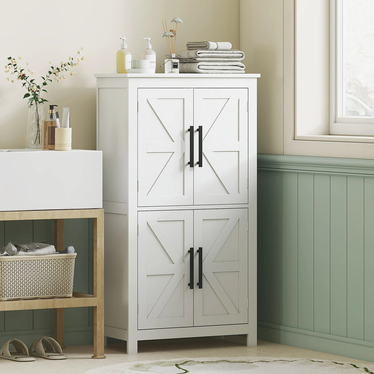 HOMCOM Farmhouse Bathroom Storage Cabinet with 4 Barn Doors, Bathroom Floor Cabinet with 2 Adjustable Shelf, Freestanding Storage Cupboard, White