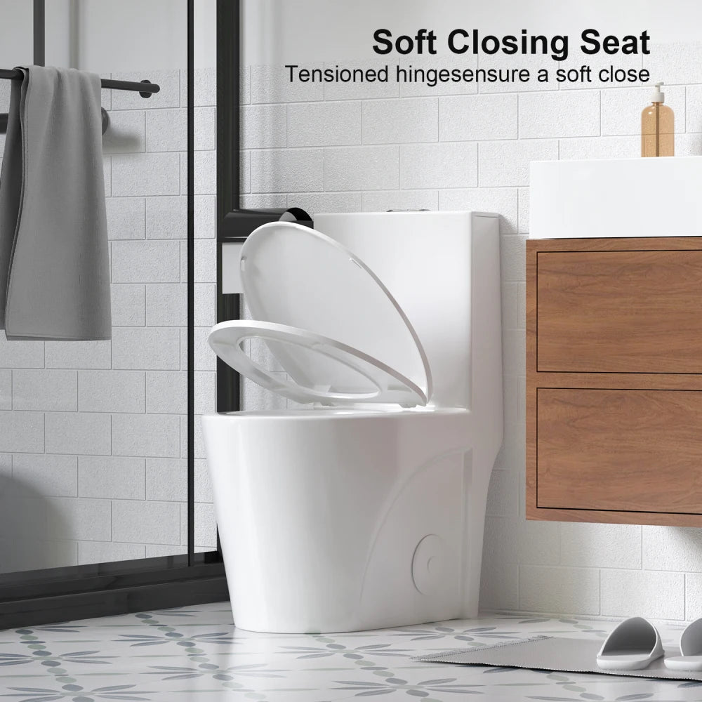 1.1/1.6 GPF Tornado Flush One-Piece Toilet for bathrooms,Siphonic S-trap 12",Elongated Bowl with Soft Close Seat,Powerful Dual Flush MAP 1000g,Comfort Chair Seat ADA Height 17",Glossy White GW-001