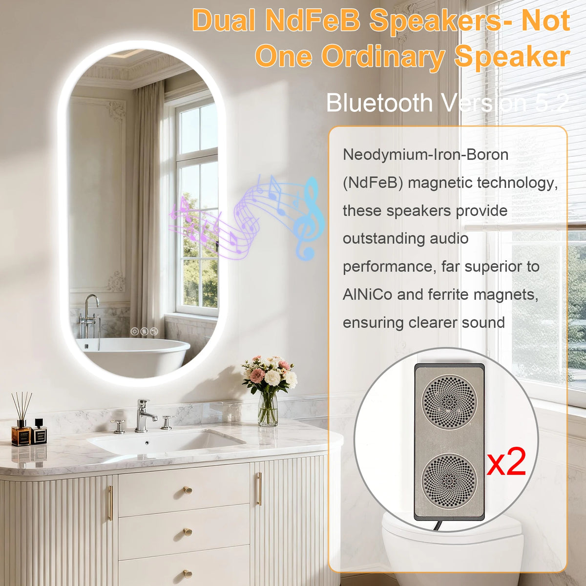 LED Bathroom Mirror 40"/48'' Oval Wall Vanity Mirror with Bluetooth Speakers, Anti-Fog, 3 Color , Dimming, Memory Function