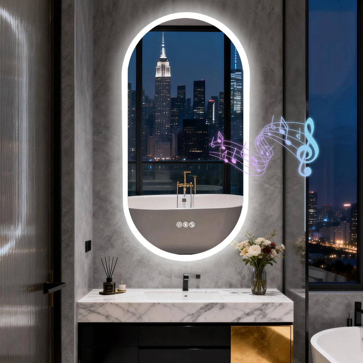 LED Bathroom Mirror 40"/48'' Oval Wall Vanity Mirror with Bluetooth Speakers, Anti-Fog, 3 Color , Dimming, Memory Function