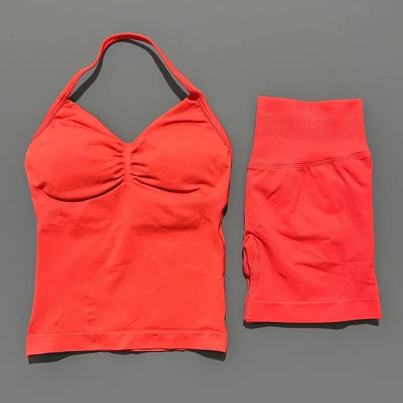 Seamless Backless Halter Yoga Tank Top And Shorts Set