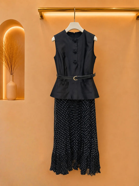 Women's Sleeveless Vest Dress With Sash Polka Dot Tulle Skirt