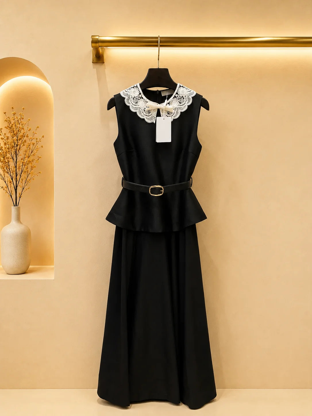 Women's Faux Two Piece Lace Neckline Peplum Dress With Adjustable Strap
