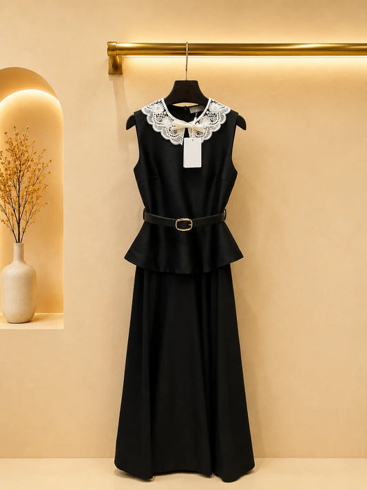 Women's Faux Two Piece Lace Neckline Peplum Dress With Adjustable Strap