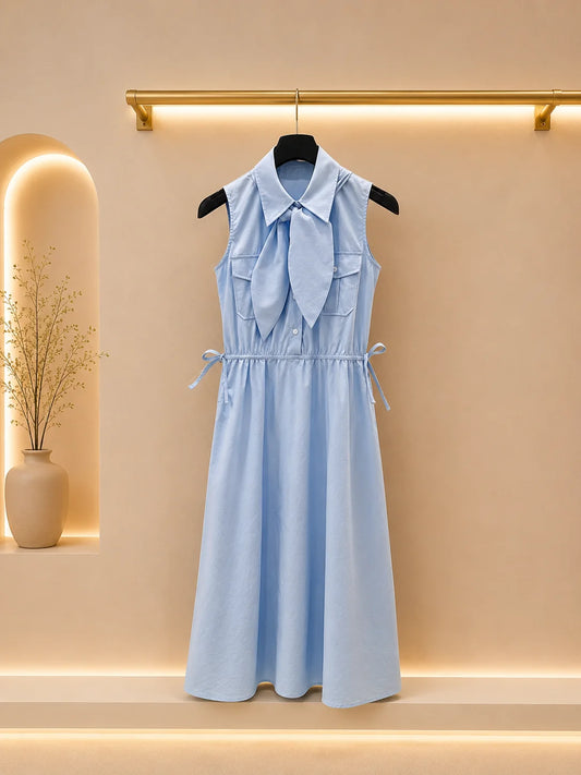 Women's Relaxed Midi Shirt Dress With Bow Waist And Pockets