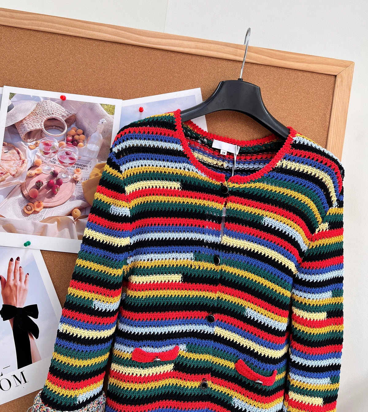 Women's Knit Striped Cardigan With Fringe Hem And Crochet Detail