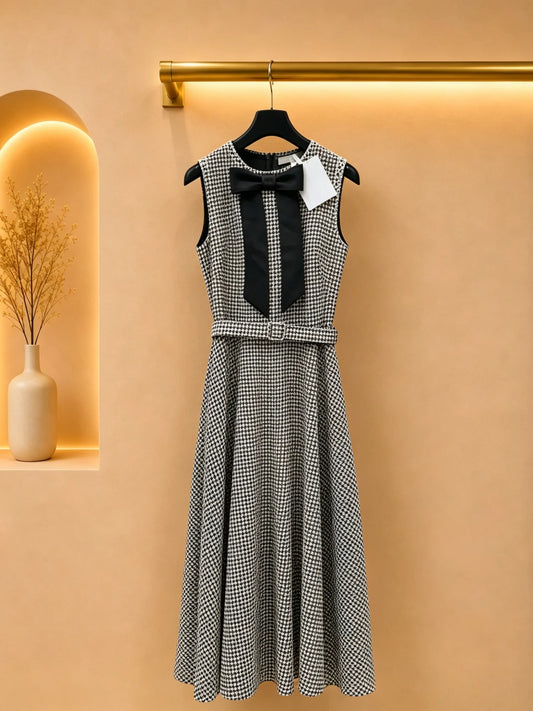 Women's Plaid Sleeveless Midi Dress With Bow Neck Knot Waist