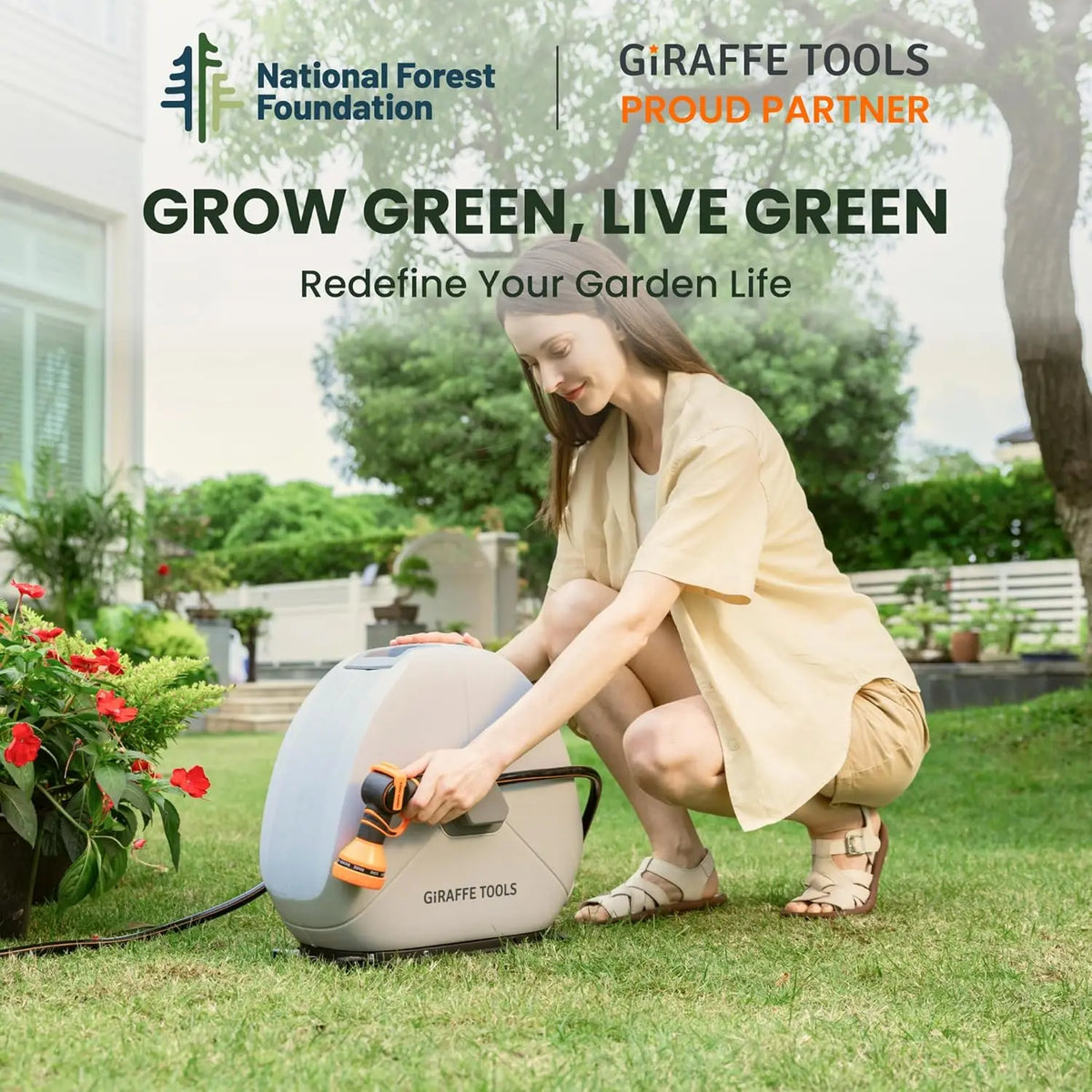 Giraffe Tools Retractable Heavy Duty Hose Reel, 1/2" x 100FT Automatic Rewind Garden Hose Reel with 360° Swivel Base, Ground Mounted for Lawn, Patio, Concrete Floor & Yard Watering