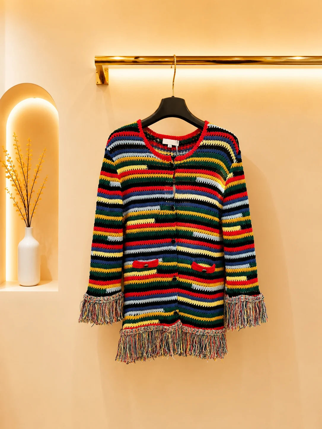 Women's Knit Striped Cardigan With Fringe Hem And Crochet Detail