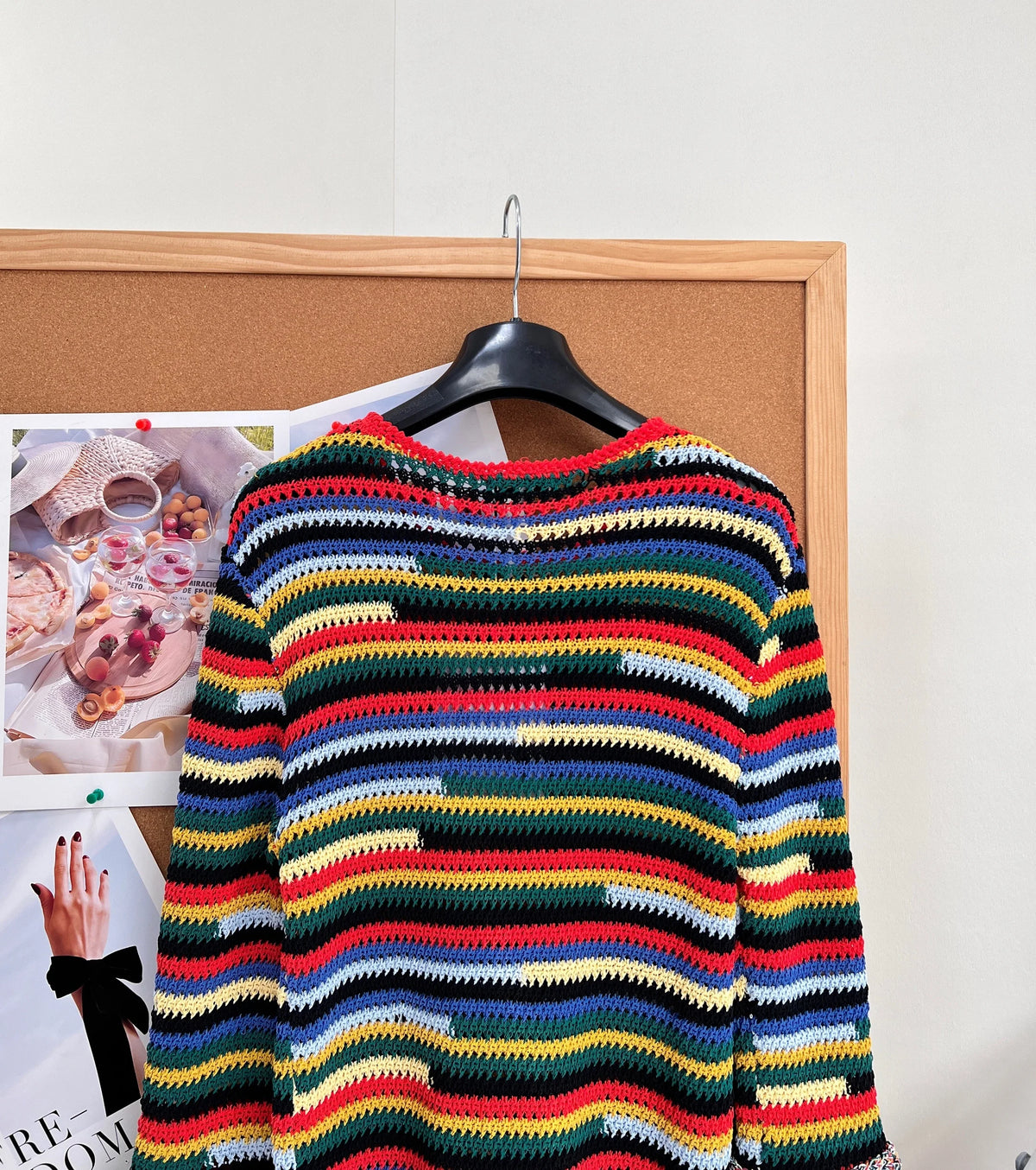 Women's Knit Striped Cardigan With Fringe Hem And Crochet Detail