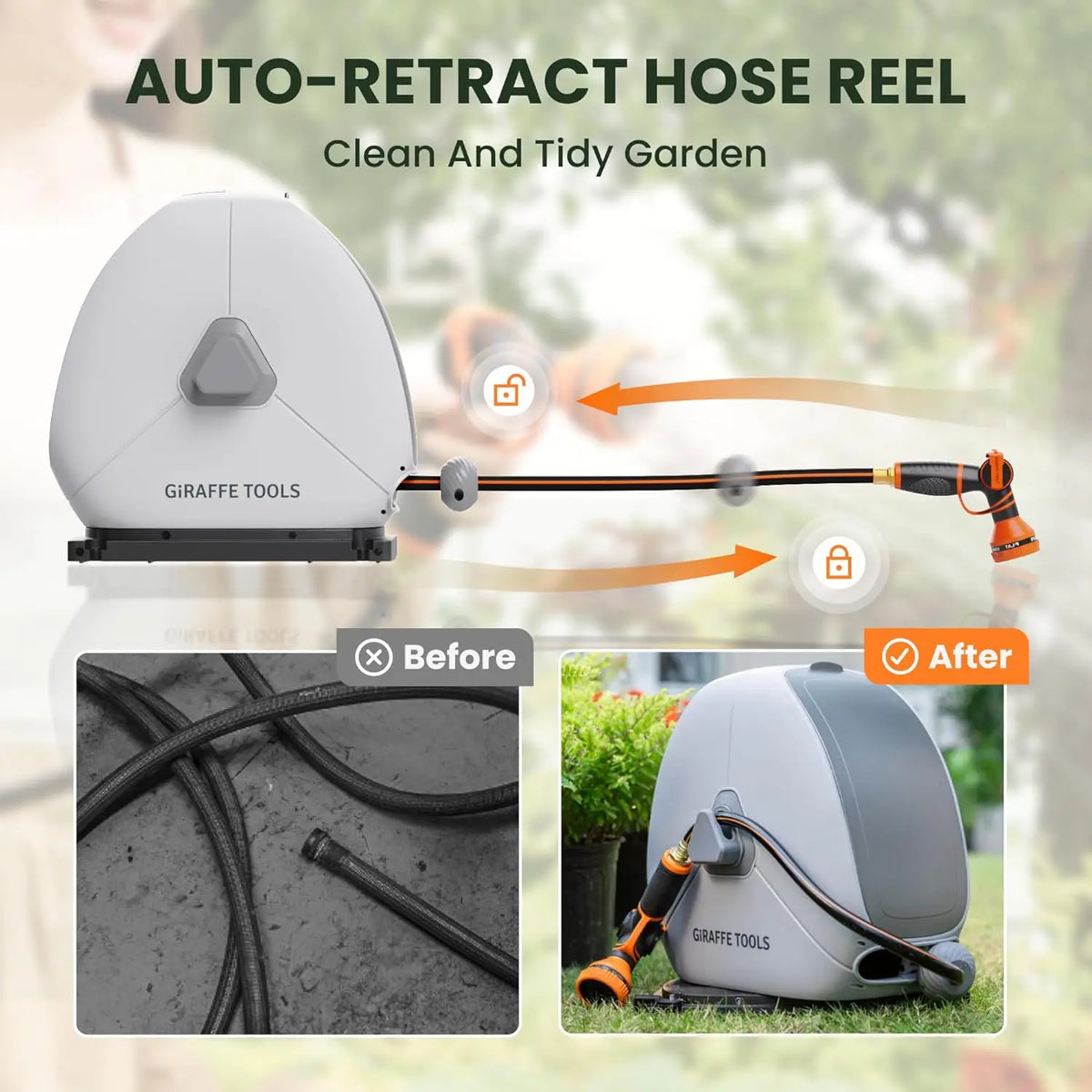 Giraffe Tools Retractable Heavy Duty Hose Reel, 1/2" x 100FT Automatic Rewind Garden Hose Reel with 360° Swivel Base, Ground Mounted for Lawn, Patio, Concrete Floor & Yard Watering