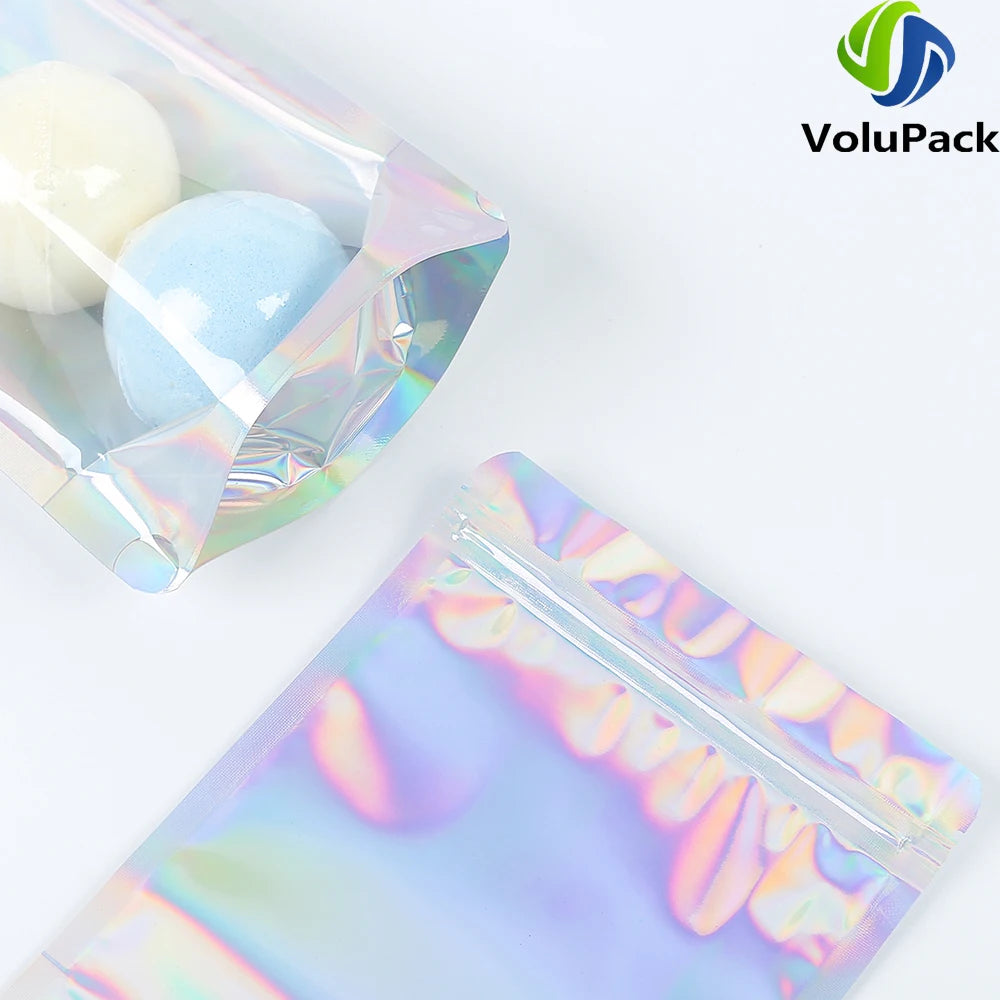 100PCS Smell Proof Plastic Package Ziplock Bags Clear Front Holographic Silver  Pouches Recyclable Metallic Mylar Storage Bags