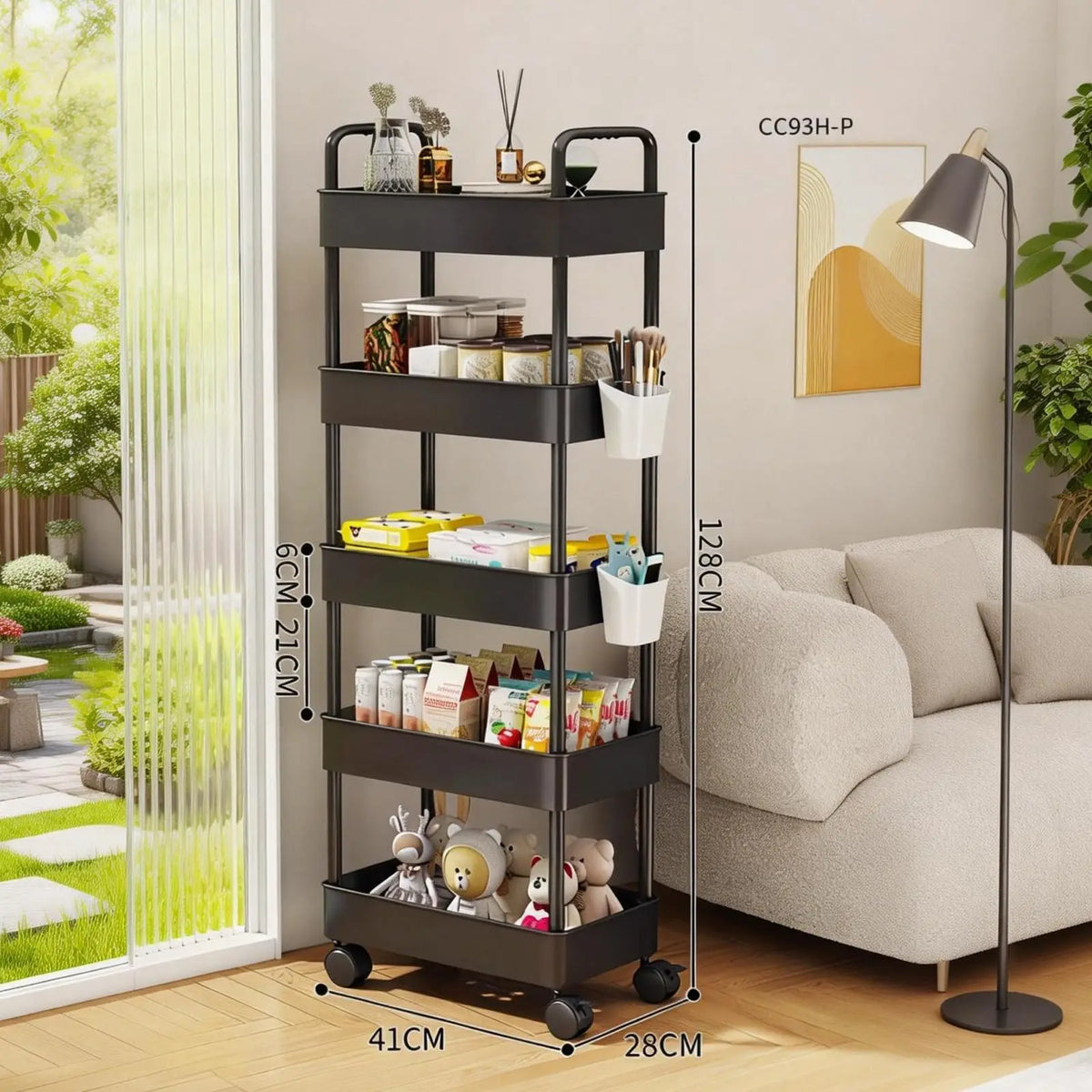 5-Tier Rolling Cart, Plastic Storage Cart with Handle, Plastic Utility Shelving, Space-Saving Mobile Organizer Carts for Kitchen, Bathroom, Laundry, Black