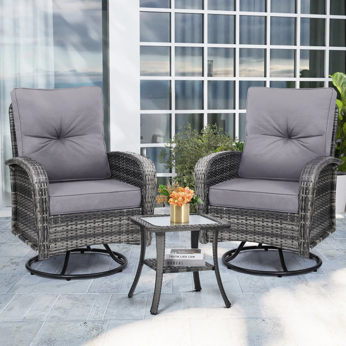 TUAREX Swivel Wicker Chair With Side Table Outdoor Patio Furniture Set Washable Thick Cushion For Balcony Deck Garden