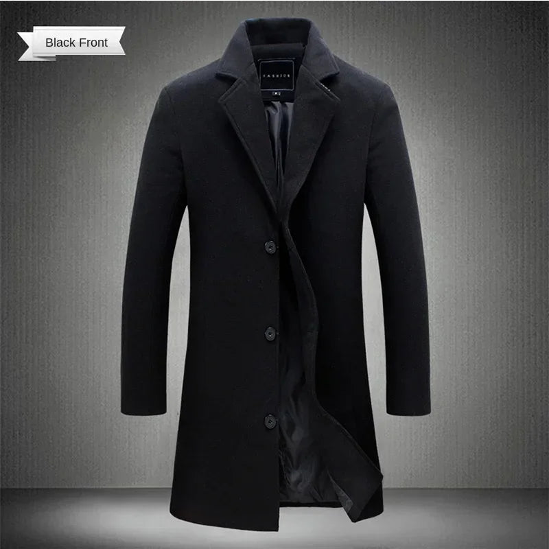2025 New Men's Trench Coat Wool Blend Overcoat Autumn Winter Fashion Slim Fit Long Coat Business Casual Outerwear Windbreaker