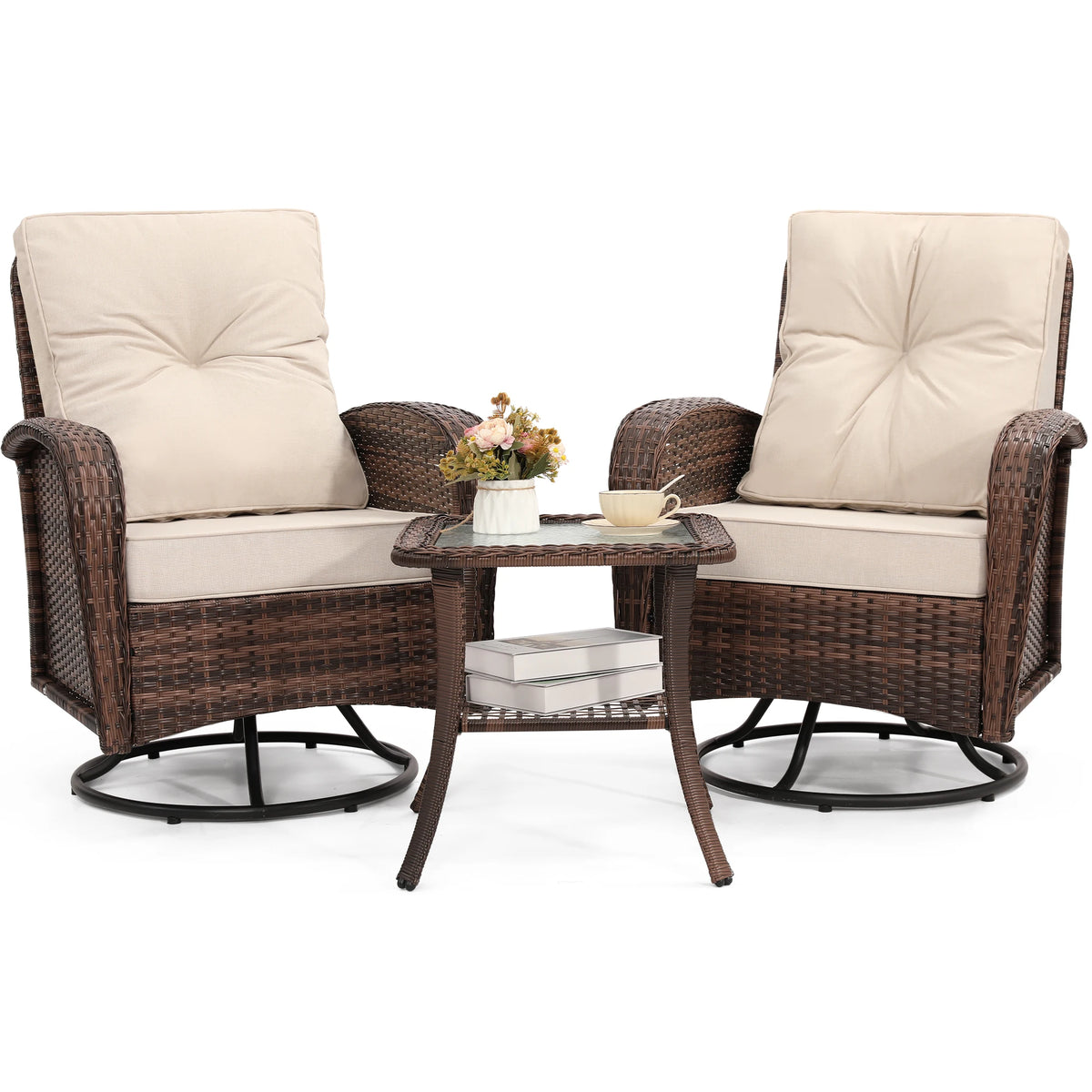 TUAREX Swivel Wicker Chair With Side Table Outdoor Patio Furniture Set Washable Thick Cushion For Balcony Deck Garden