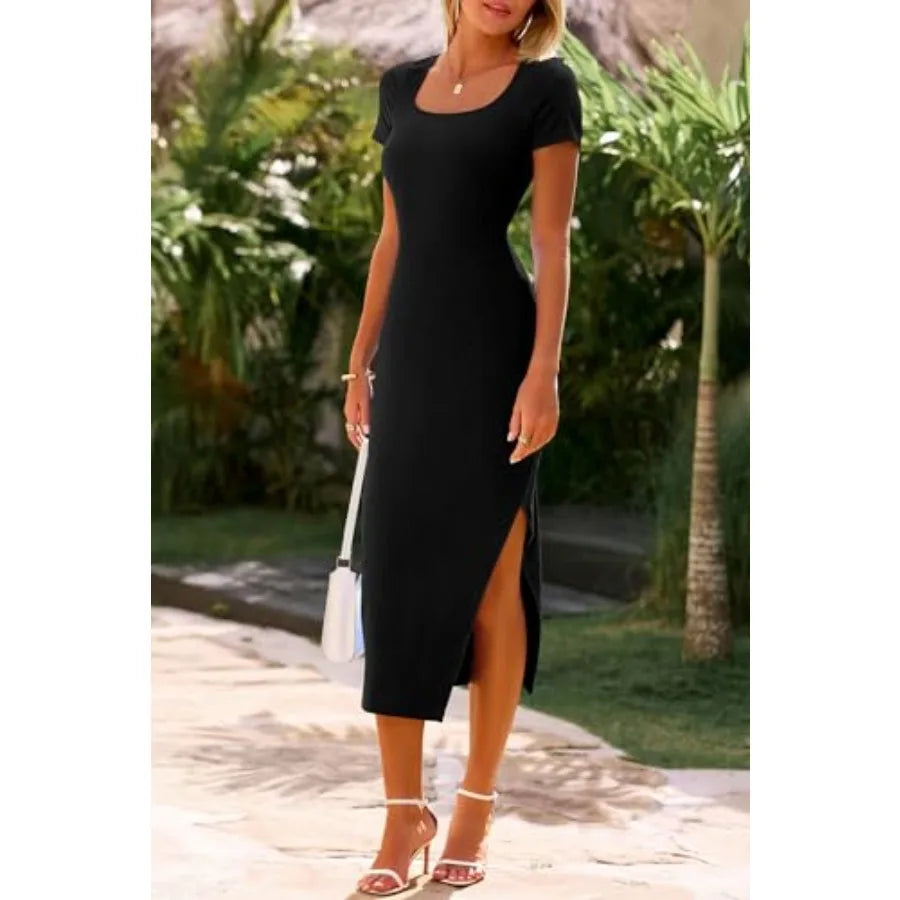 Women's Ribbed Knit Bodycon Dress with Square Neck Side Slit