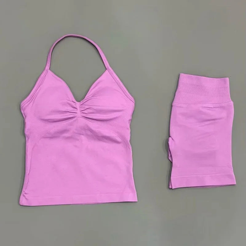 Seamless Backless Halter Yoga Tank Top And Shorts Set