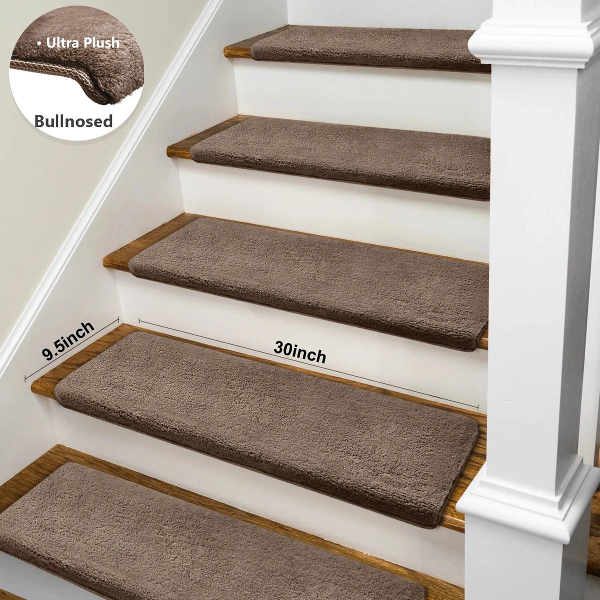 Bullnose Non-Slip Stair Treads -Ultra Plush- Washable Self-Adhesive Carpet Mats, Safety for Elderly & Pets, Peel & Stick Decor