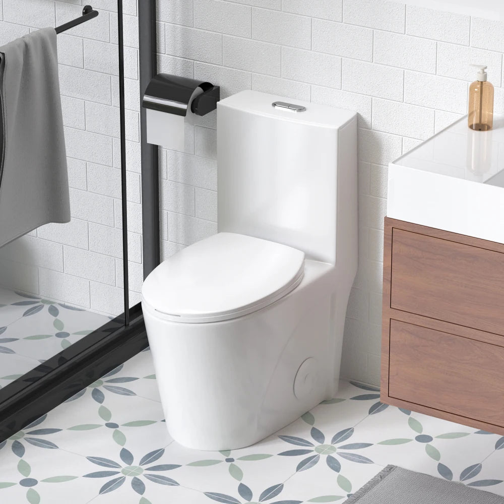1.1/1.6 GPF Tornado Flush One-Piece Toilet for bathrooms,Siphonic S-trap 12",Elongated Bowl with Soft Close Seat,Powerful Dual Flush MAP 1000g,Comfort Chair Seat ADA Height 17",Glossy White GW-001