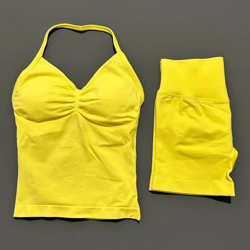 Seamless Backless Halter Yoga Tank Top And Shorts Set
