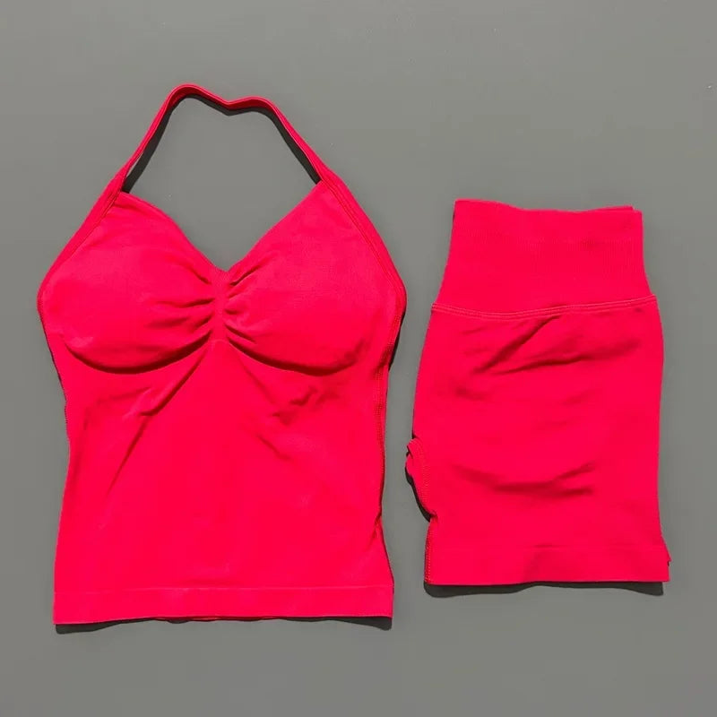 Seamless Backless Halter Yoga Tank Top And Shorts Set